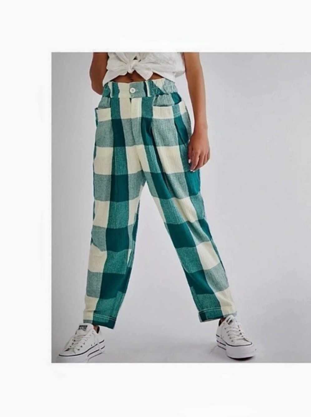 Free People Cheers Plaid Pants Wide Leg Green & Cream Medium